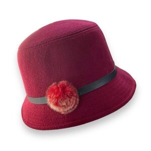Vintage Hat Wool Felt Burgundy Wine Red Bowler Fur‎ Rosette Church Formal Womens